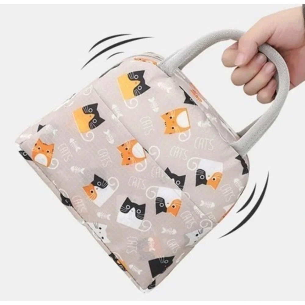 Cat Print Insulated Lunch‎ Bag Gray Kawaii Cute New